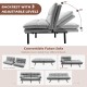 Convertible gray futon sofa bed with adjustable backrest and armrests, ideal for small spaces and versatile use.